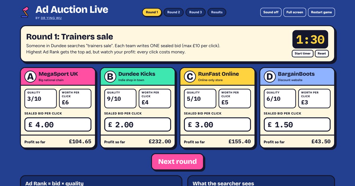 Ad Auction Live game screen with four shops and their bids