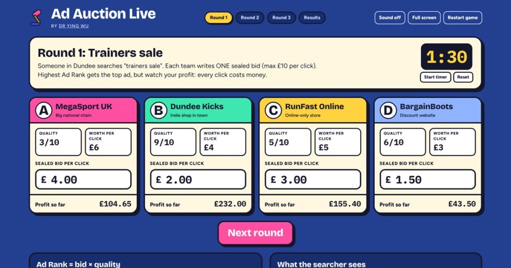 Ad Auction Live game screen with four shops and their bids
