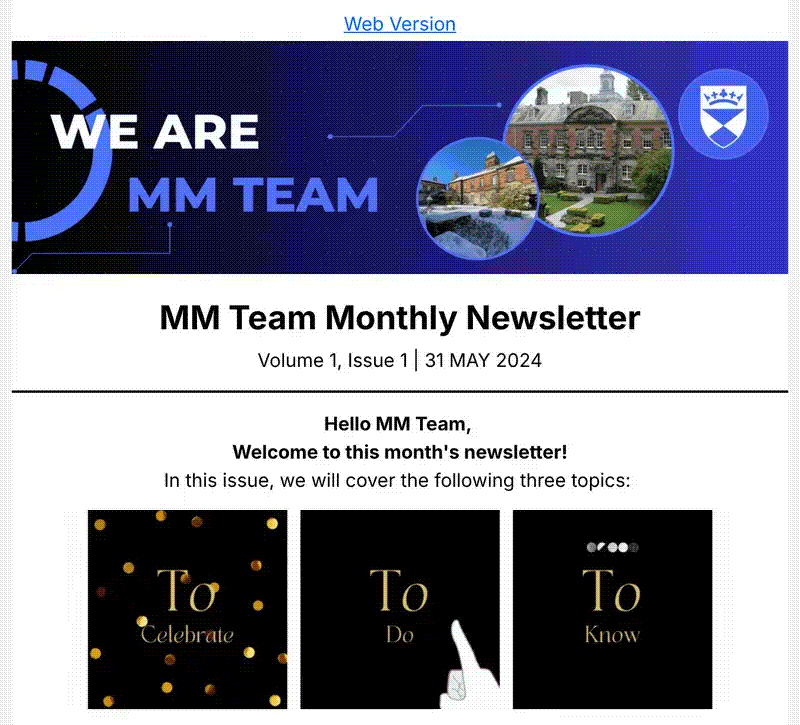 Opening of the Management and Marketing staff newsletter, Volume 1, Issue 1, May 2024, with its animated banner and To Celebrate, To Do, To Know navigation