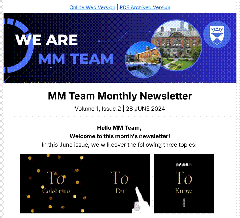 Opening of the Management and Marketing staff newsletter, Volume 1, Issue 2, June 2024, with its animated banner and To Celebrate, To Do, To Know navigation