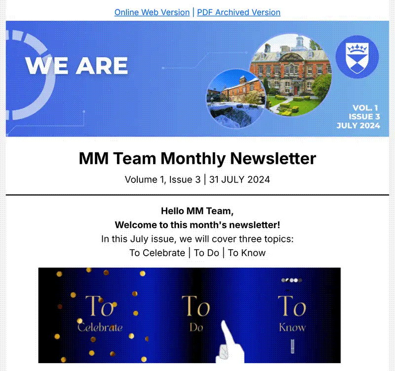 Opening of the Management and Marketing staff newsletter, Volume 1, Issue 3, July 2024, with its animated banner and To Celebrate, To Do, To Know navigation