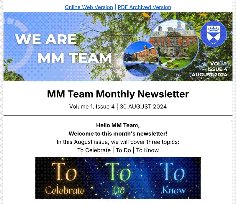 Opening of the Management and Marketing staff newsletter, Volume 1, Issue 4, August 2024, with its animated banner and To Celebrate, To Do, To Know navigation