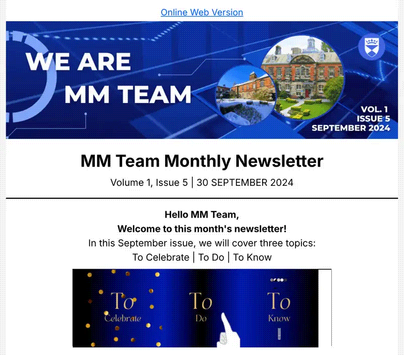 Opening of the Management and Marketing staff newsletter, Volume 1, Issue 5, September 2024, with its animated banner and To Celebrate, To Do, To Know navigation