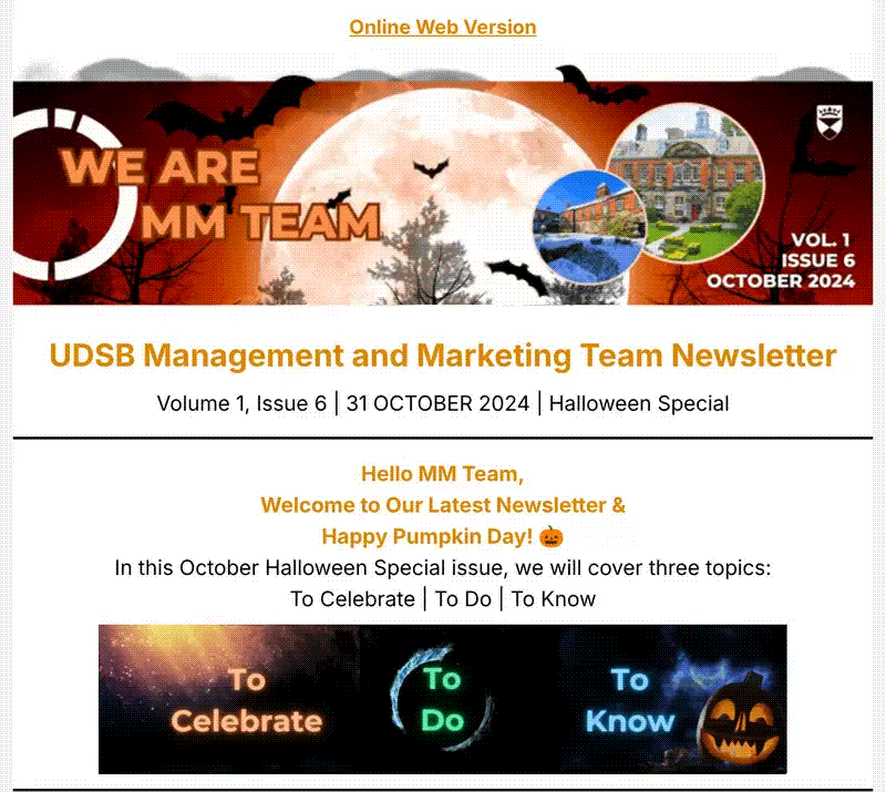 Opening of the Management and Marketing staff newsletter, Volume 1, Issue 6, October 2024 Halloween special, with its animated banner and To Celebrate, To Do, To Know navigation