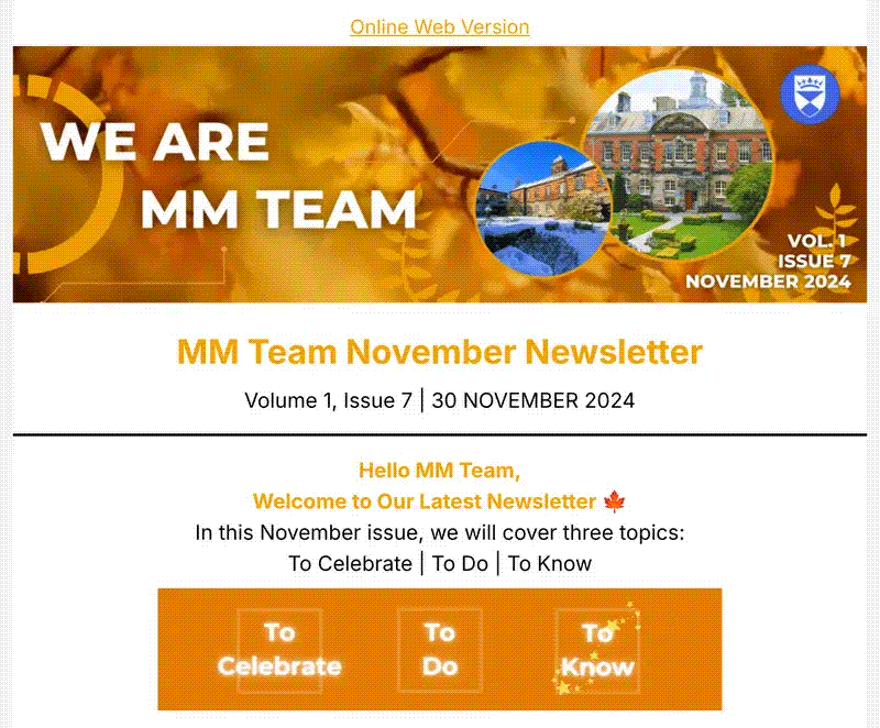 Opening of the Management and Marketing staff newsletter, Volume 1, Issue 7, November 2024, with its animated banner and To Celebrate, To Do, To Know navigation