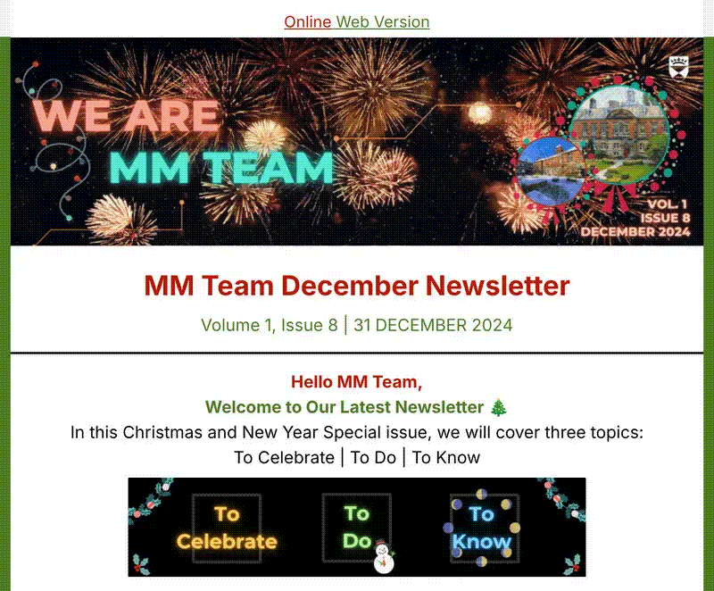 Opening of the Management and Marketing staff newsletter, Volume 1, Issue 8, December 2024 Christmas and New Year special, with its animated banner and To Celebrate, To Do, To Know navigation