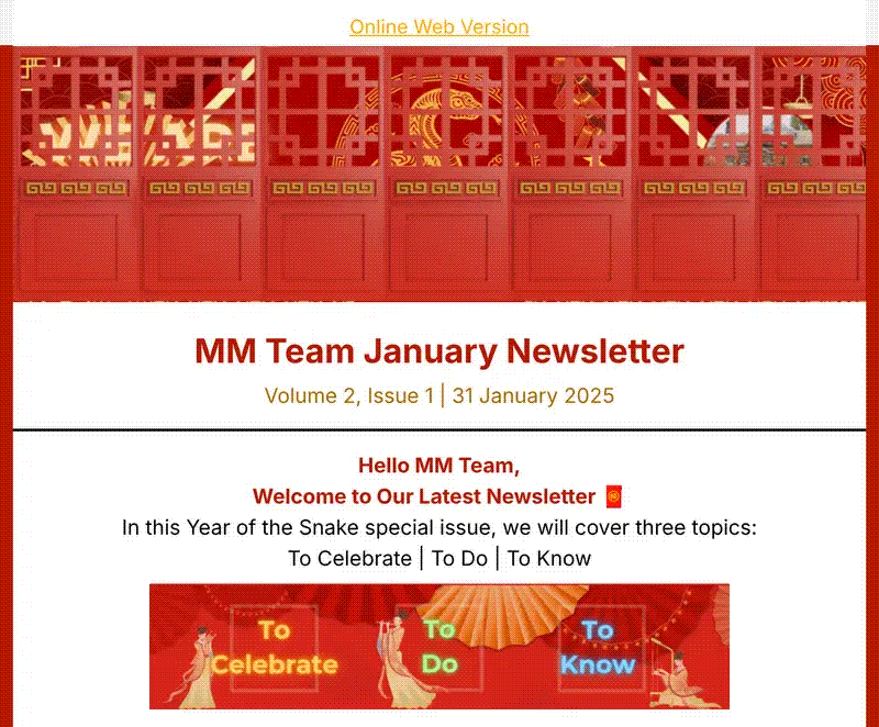 Opening of the Management and Marketing staff newsletter, Volume 2, Issue 1, January 2025 Chinese New Year special, with its animated banner and To Celebrate, To Do, To Know navigation