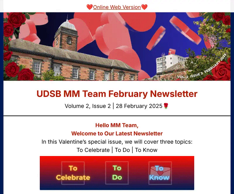 Opening of the Management and Marketing staff newsletter, Volume 2, Issue 2, February 2025 Valentine's special, with its animated banner and To Celebrate, To Do, To Know navigation