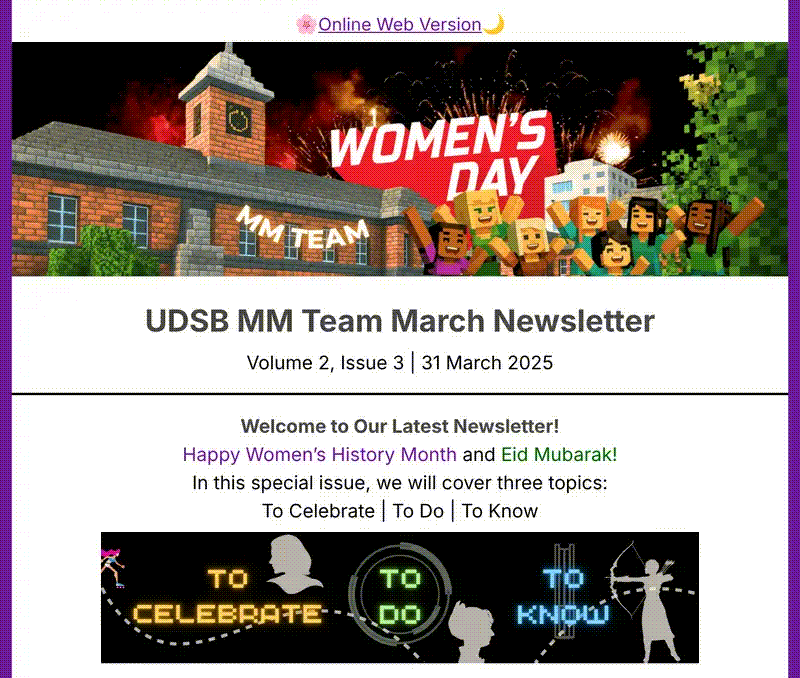 Opening of the Management and Marketing staff newsletter, Volume 2, Issue 3, March 2025 International Women's Day and Eid special, with its animated banner and To Celebrate, To Do, To Know navigation