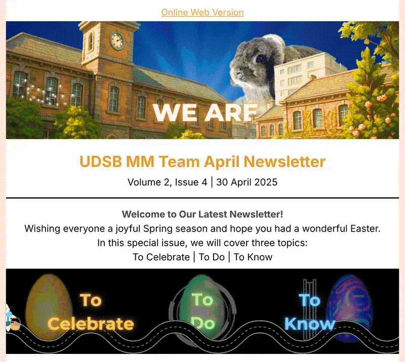 Opening of the Management and Marketing staff newsletter, Volume 2, Issue 4, April 2025 Easter edition, with its animated banner and To Celebrate, To Do, To Know navigation