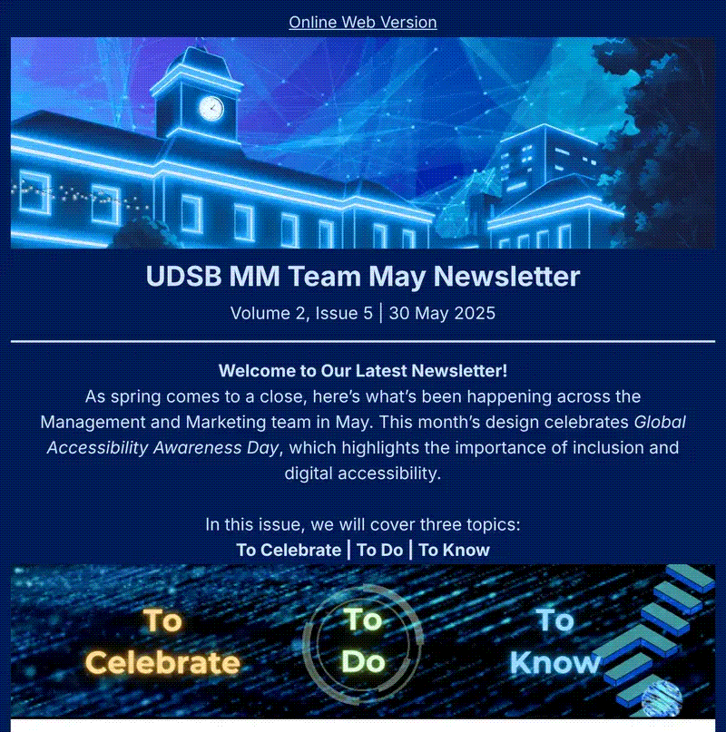 Opening of the Management and Marketing staff newsletter, Volume 2, Issue 5, May 2025 Global Accessibility Awareness Day edition, with its animated banner and To Celebrate, To Do, To Know navigation