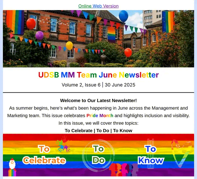 Opening of the Management and Marketing staff newsletter, Volume 2, Issue 6, June 2025 Pride Month edition, with its animated banner and To Celebrate, To Do, To Know navigation
