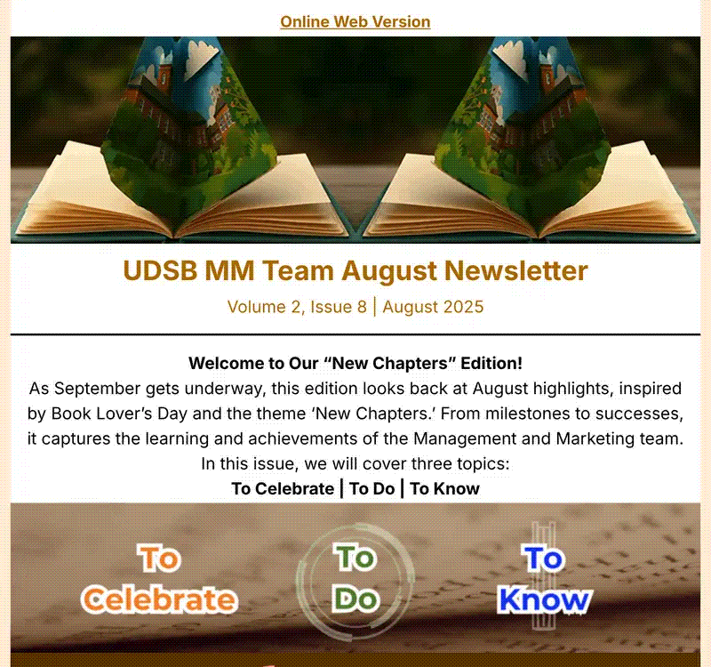 Opening of the Management and Marketing staff newsletter, Volume 2, Issue 8, August 2025 New Chapters edition, with its animated banner and To Celebrate, To Do, To Know navigation